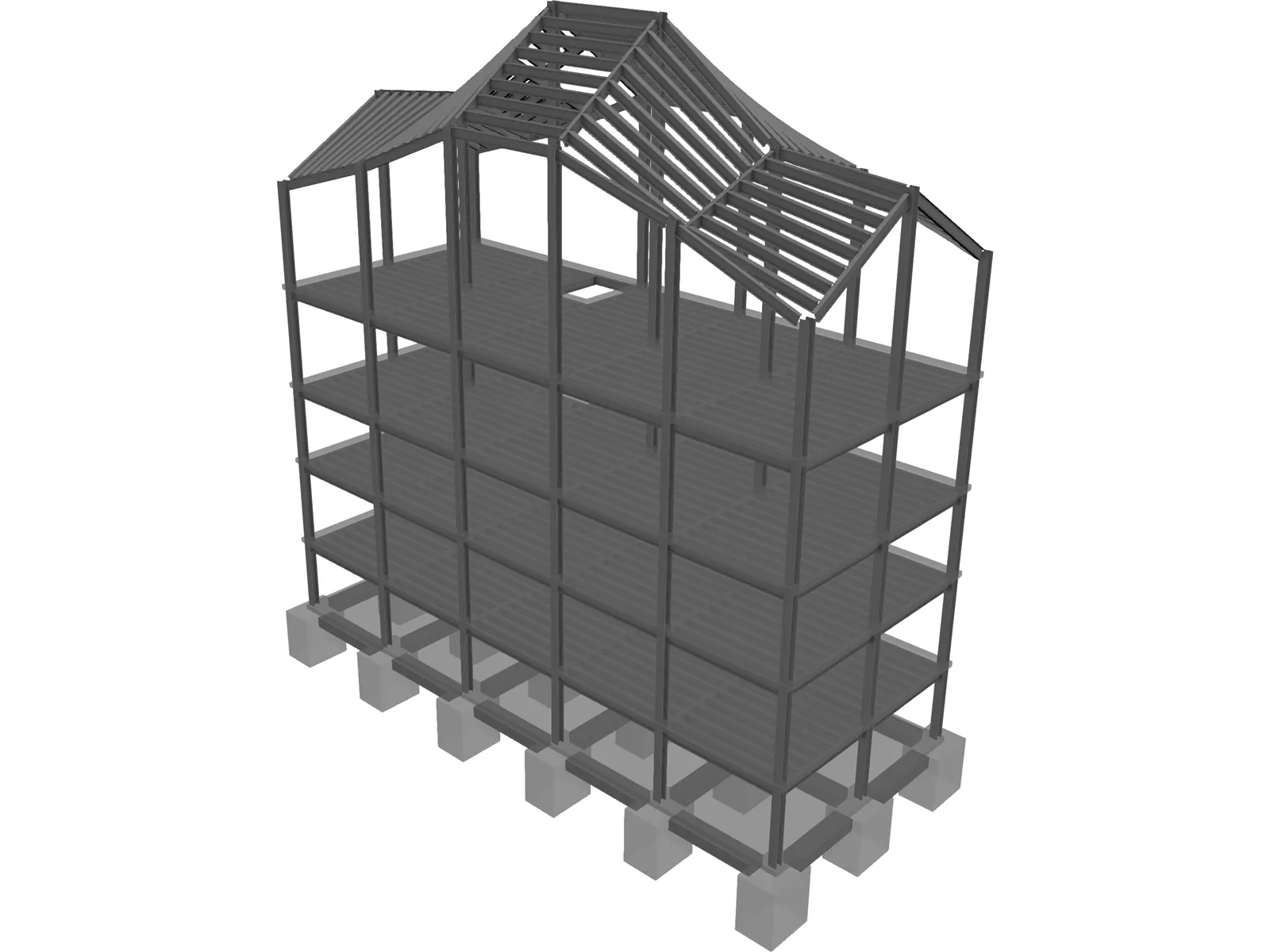 Four Level Building with Complex Roof 3D Model main preview