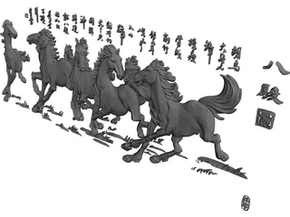 Eight Horses Japanese Statue 3D Model preview