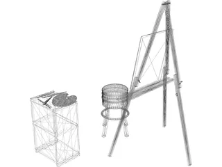 Artist Easel, Stool, Palette, and Brushes 3D Model preview