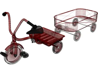 Tricycle and Wagon Red Classic 3D Model preview