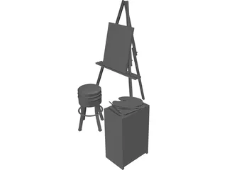 Artist Easel, Stool, Palette, and Brushes 3D Model preview