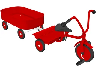Tricycle and Wagon Red Classic 3D Model preview