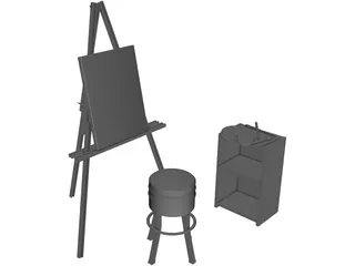Artist Easel, Stool, Palette, and Brushes 3D Model preview
