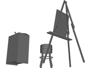 Artist Easel, Stool, Palette, and Brushes 3D Model preview