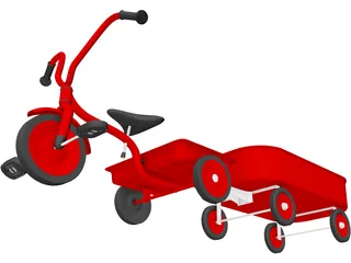 Tricycle and Wagon Red Classic 3D Model preview