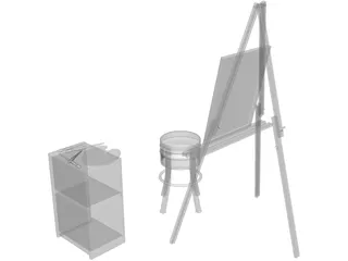 Artist Easel, Stool, Palette, and Brushes 3D Model preview