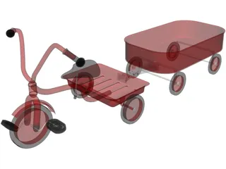Tricycle and Wagon Red Classic 3D Model preview